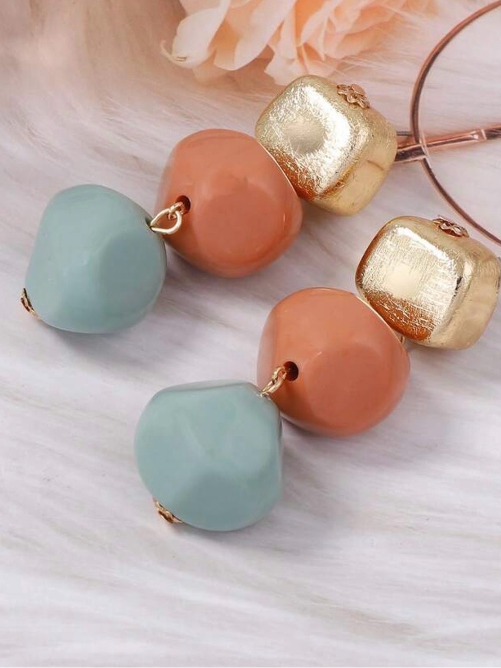 Peach, Gold, & Mint Color Block Drop Earrings - Picture 4 of 4